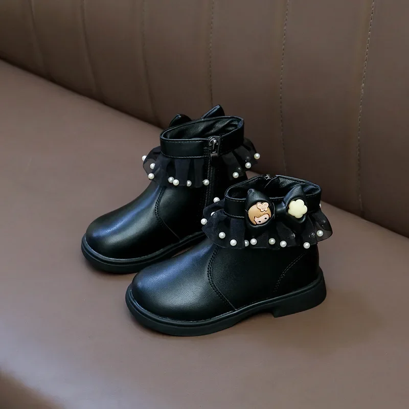 

2025 Fall New Girls' Comfortable Zipper Lace Boots Princess Leather Ankle Boots Trendy Children's Short Boots