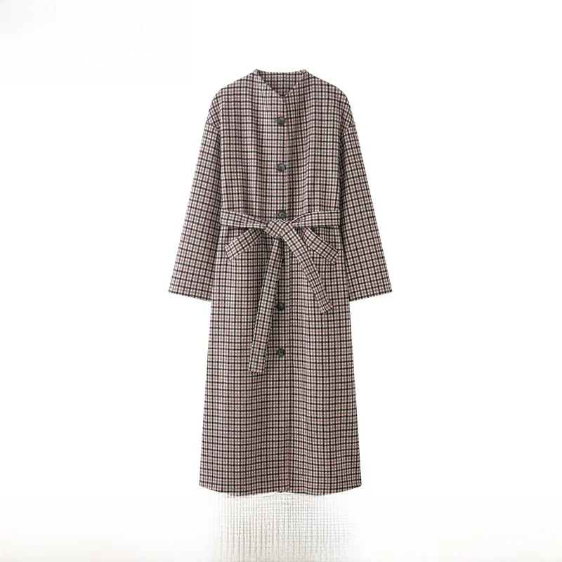 

New Autumn Winter Plaid Long Stand Collar Coat Ele Faionable Women's Outerwear Commute Sle Polyester Fiber 00%