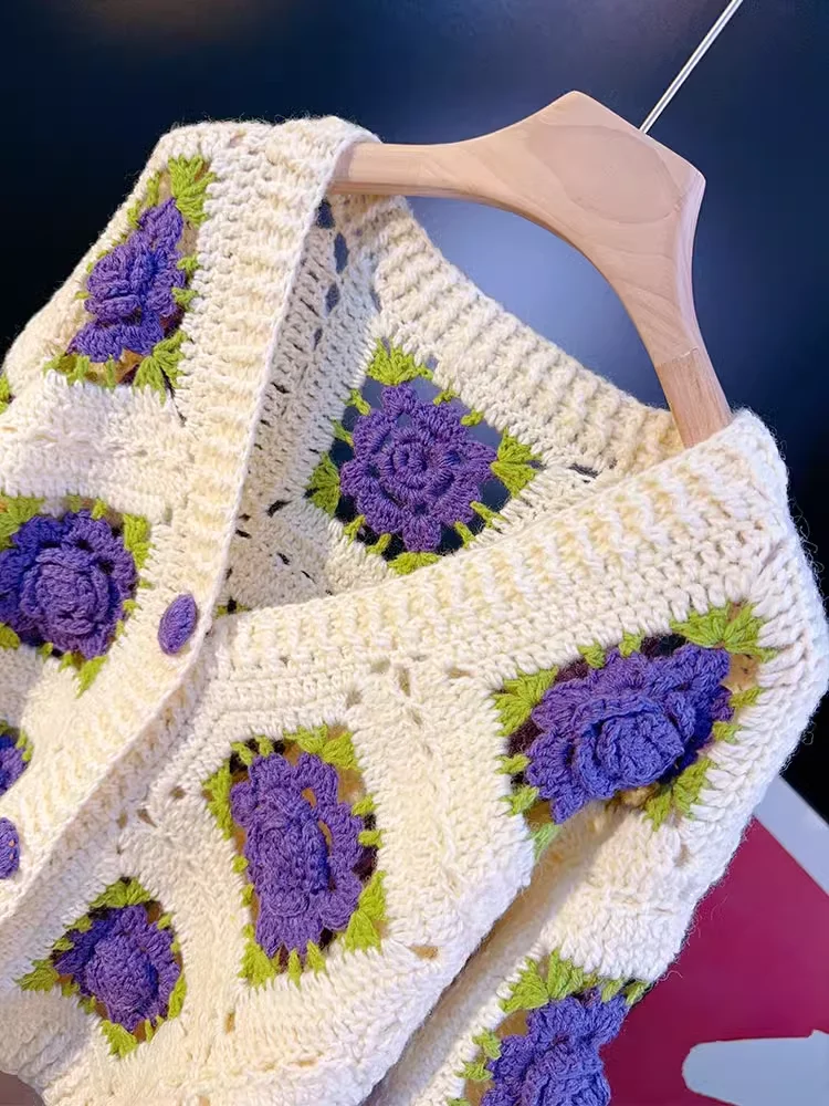 Women's V-neck Handmade Crochet Three-Dimensional Rose Pattern Hollow Wool Bland Sweater Cardigan
