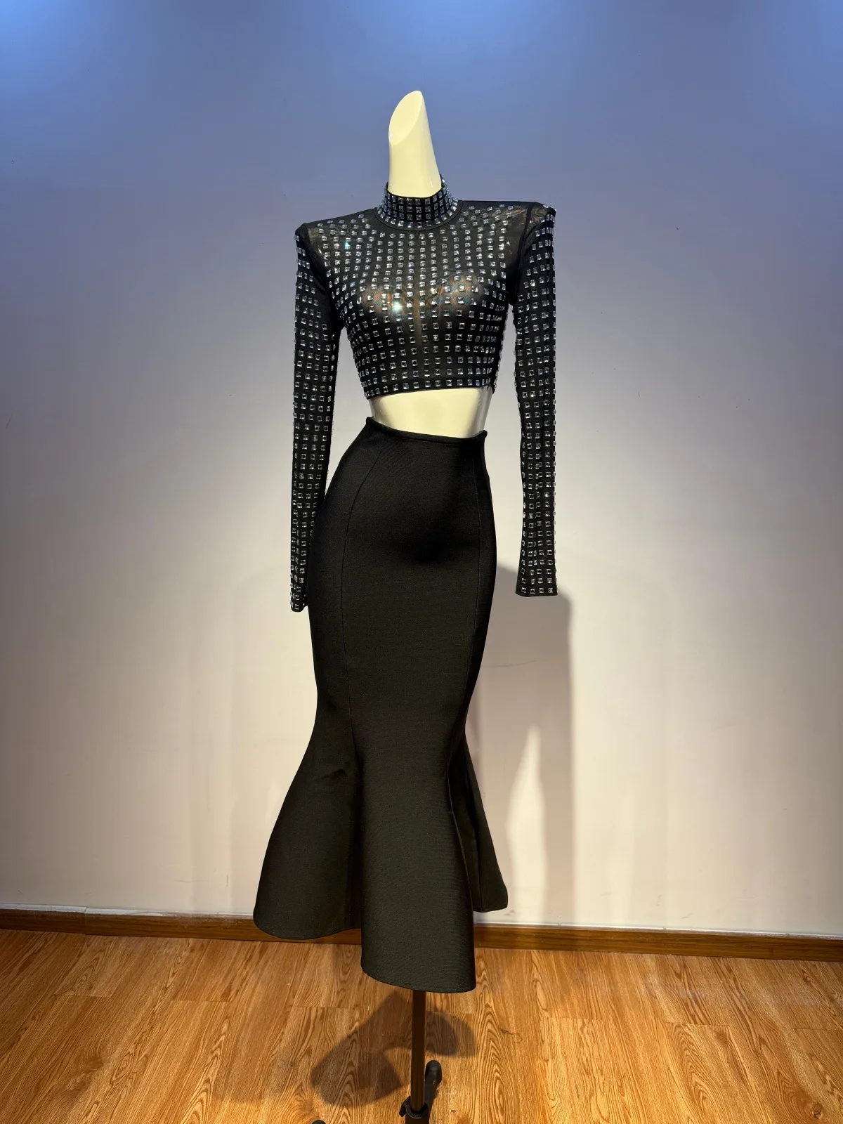 2026 Women Summer Sexy Long Sleeve Mesh Beading Transparent Two Pieces Skirt Bandage Set Celebrity Designer Fashion Women's Set