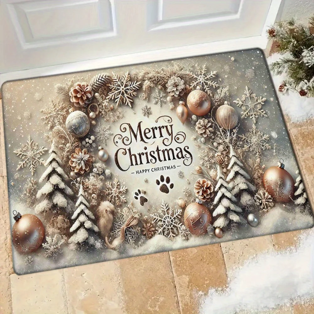 1pc Merry Christmas Polyester Doormat - 1cm Thick, Machine Washable, Non-Slip Rectangular Mat with Cedar Tree and Ornament Des