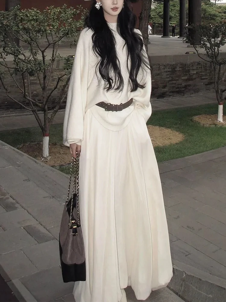 

Белый свободный утягивающий длинный вязаный свитер свека, женский осенне-зимний комплект с высокой талией для похудения, длинная юбка, повседневный комплект