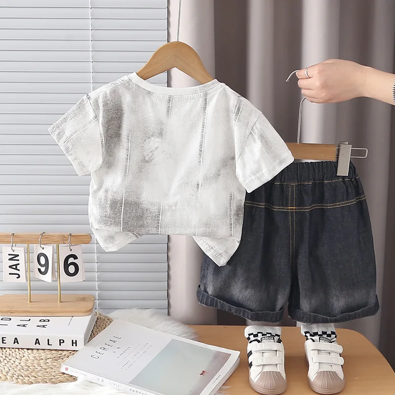 Children's Clothing 2026 New Summer Baby Boy Clothes 1 To 5 Years Letter Printed Short Sleeve T-shirts and Denim Shorts 2PCS Set