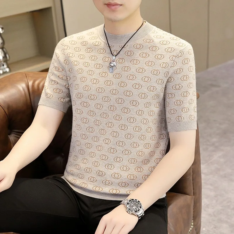 2024 Spring Autumn Jacquard Knitted Short Sleeve T-Shirts High Quality Round Neck Social Knit Pullover Versatile Casual Tee Tops