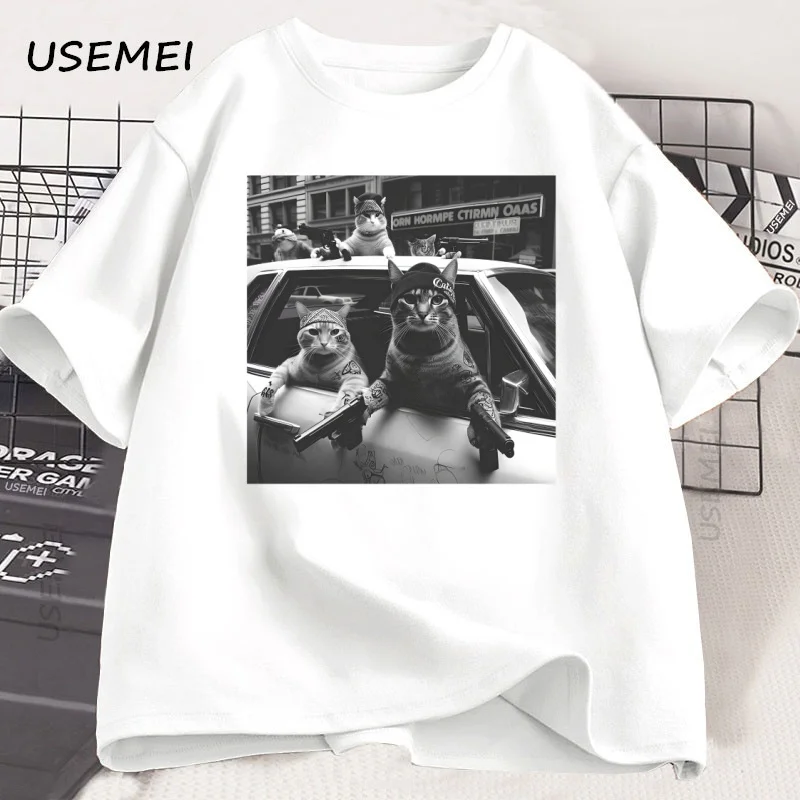 Lustiges Cat Gang T-Shirt Sarkastisches T-Shirt Unisex Übergroße Grafik-T-Shirts Rundhals Kurzarm Vintage T-Shirt Herrenkleidung