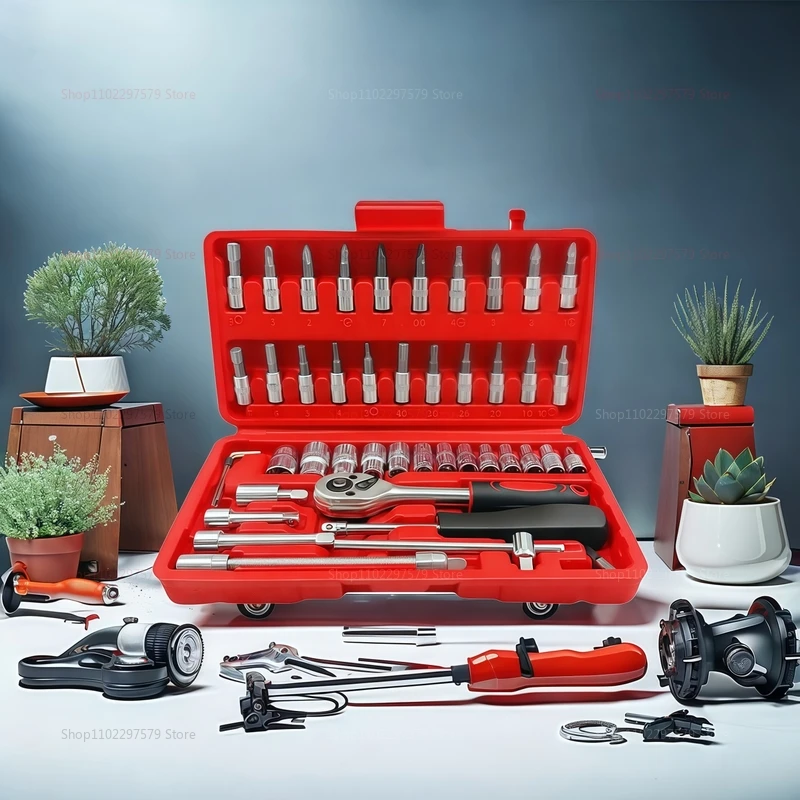 46PCS Dopsleutelset DIY Reparatie Tool Kit Ratelschroevendraaier voor Auto Auto Huishoudelijke Garage Hardware Toolbox