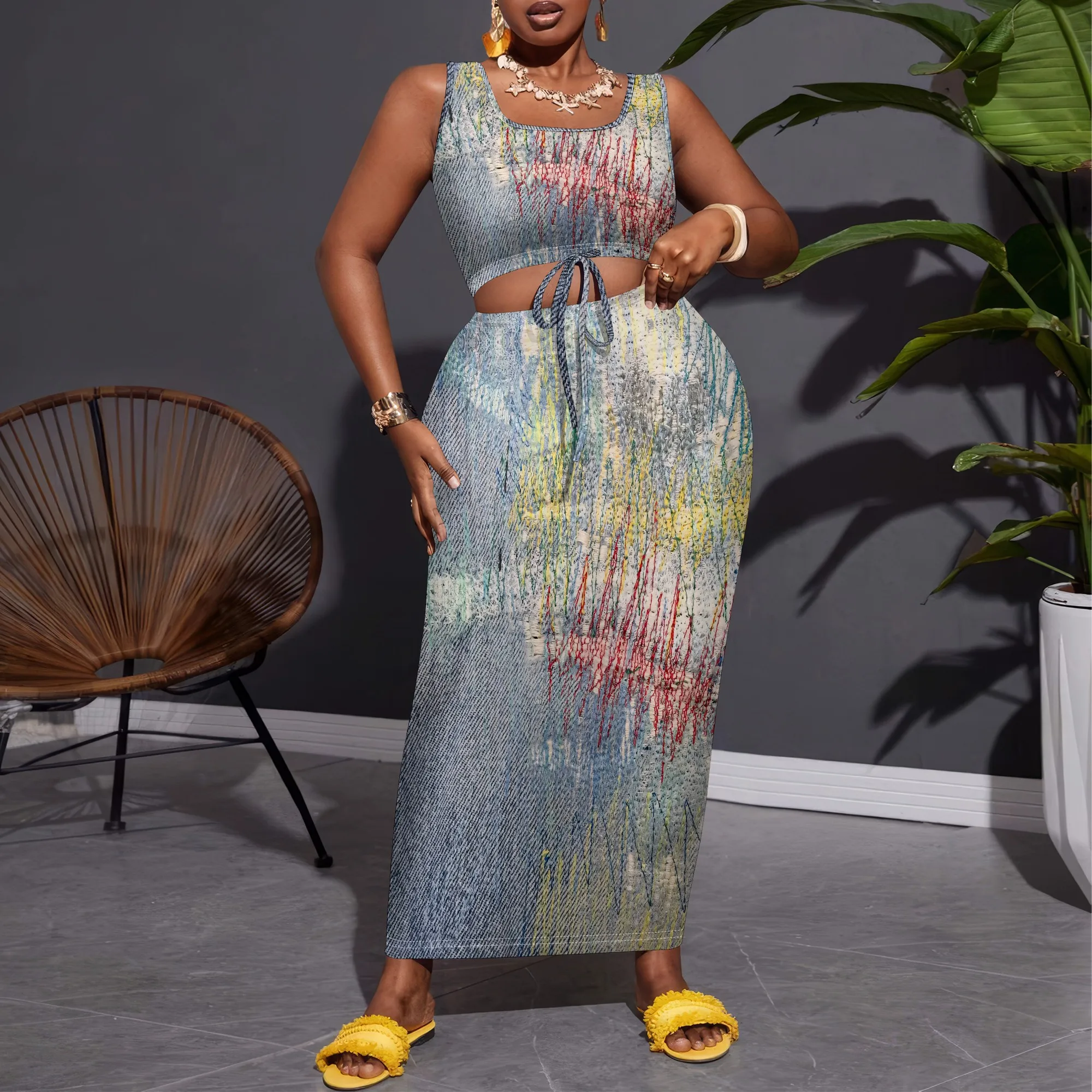 

SheFirstStyle Colorful Art Pattern Two-Piece Set with Stretch Crop Top and Skirt