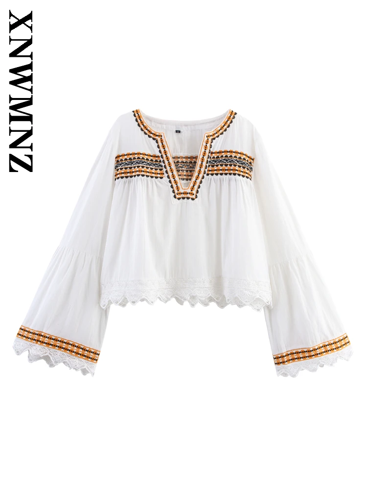 

XNWMNZ 2025 Autumn New Lady Sophisticated Hipster style Long Sleeve Shirt European and American Fashion Woman's V-Collar Vintage