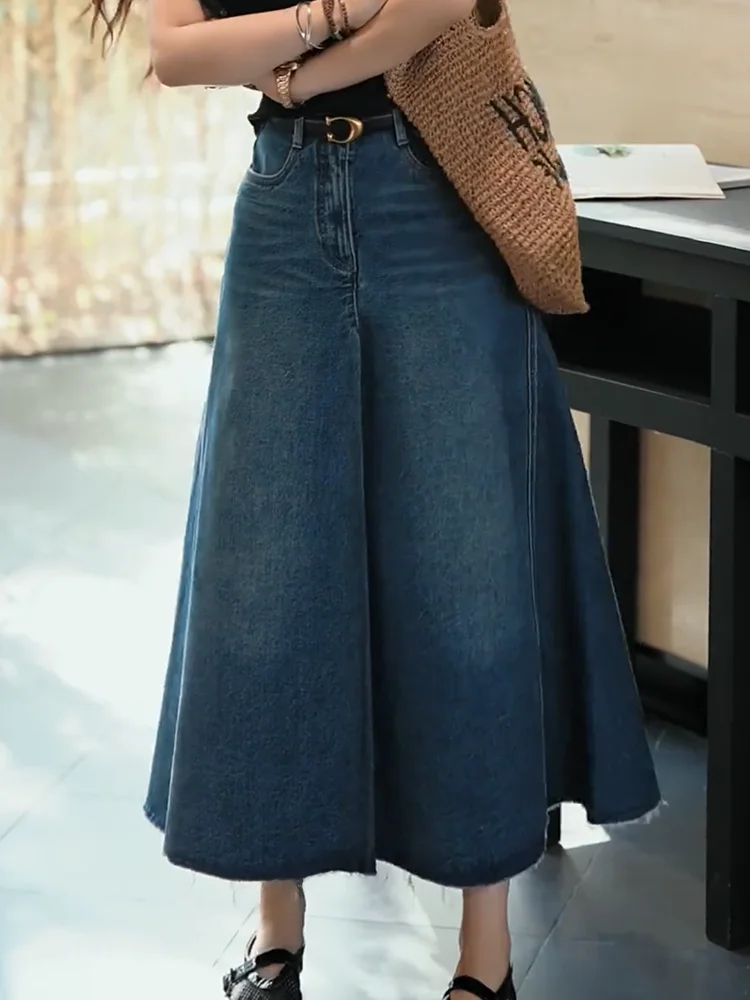 

Retro Design High Waist A-Line Midi Denim Skirt Summer 2025 New Sle Ele Casual Meat Concealing Women's Skirt