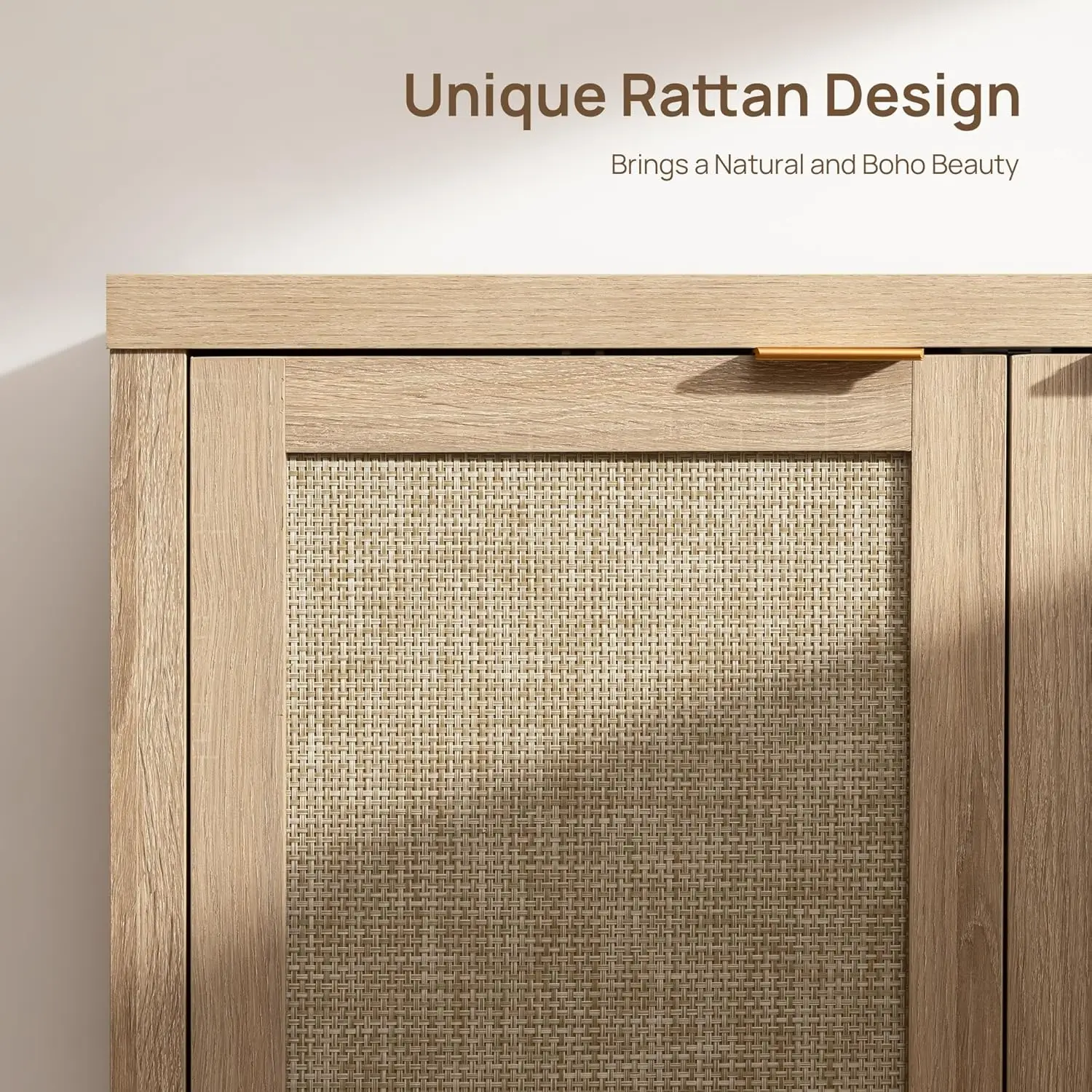 籐製サイドボードビュッフェキャビネット、調節可能な棚付き、ボヘミアンスタイルの食器棚、キッチン、リビングルーム、玄関用、ナチュラル、2個セット