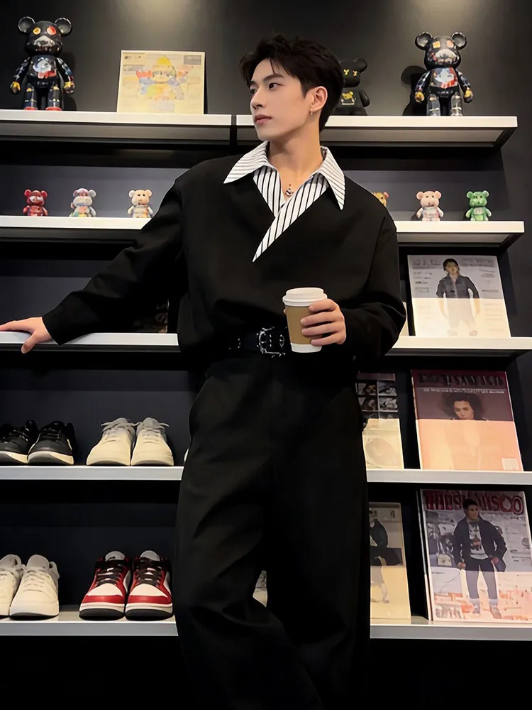 Loose Long Sleeve Men's Hoodie Shirt Collar Stripe Pattern Premium Feeling Spring Autumn  Shirt Top Black Fake Two-Piece
