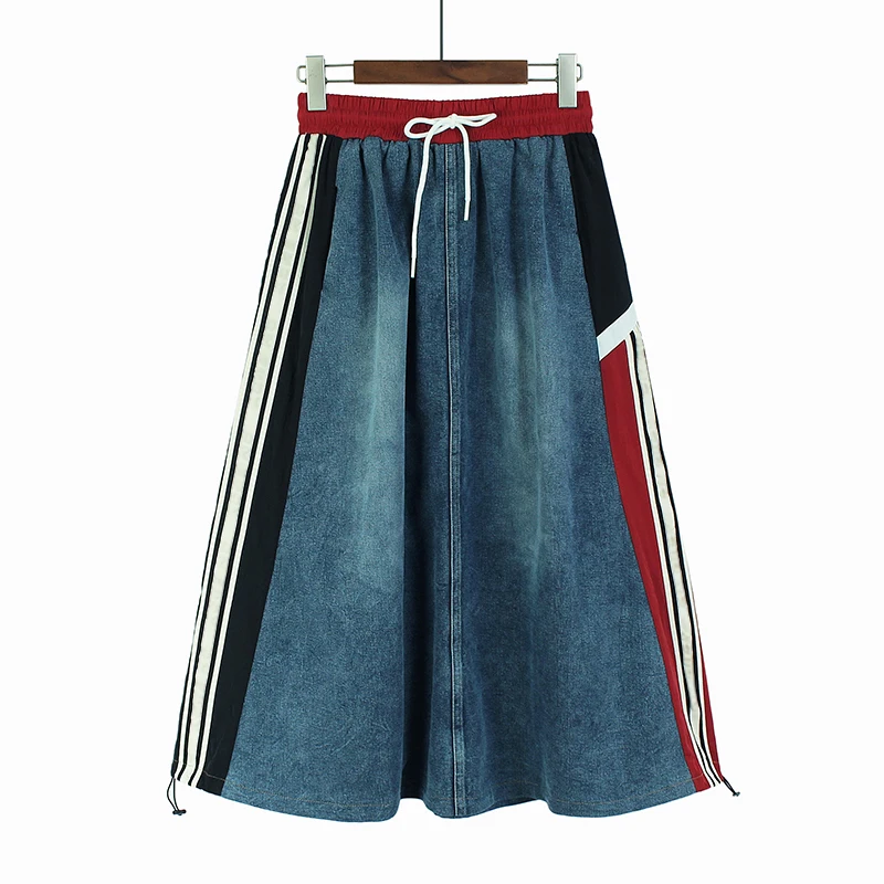 Contrast Color Patchwork Elastic Waist Denim Skirt Personali Hong Kong Sle Loose Hide Meat Casual All-matching Mid-Length...