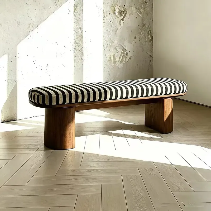 Italian Solid Wood Striped Fabric Upholstered Bench Household Long Bedside Stool Shoe Changing Stool
