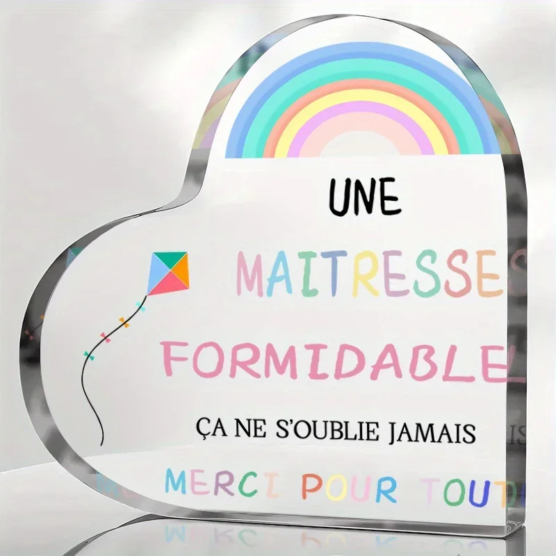 Rainbow Kite Clear Acrylic Heart Ornament French Maitresse Appreciation Desk Decor