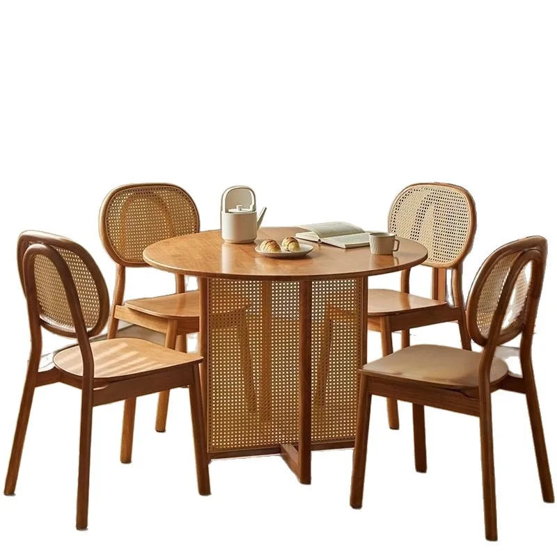 

Nordic pure solid wood Japanese rattan round table princess chair homestay cafe milk tea shop antique din