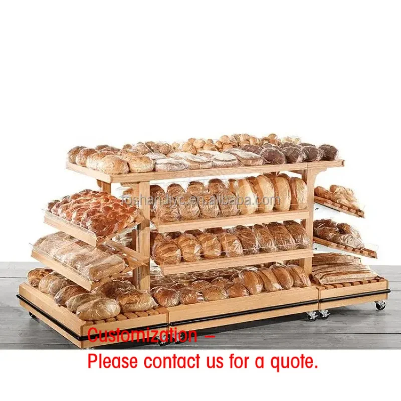 custom.Bread Display Showcase Customized Bakery Interior Wood Display Island Warmer Counter Shelves Rack Basket