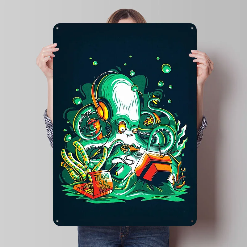 Póster de Metal de pulpo de jugador con Pizza y Cola, carteles de estaño, arte de pared, decoración estética para habitación, letrero de Metal personalizado para decoración del hogar