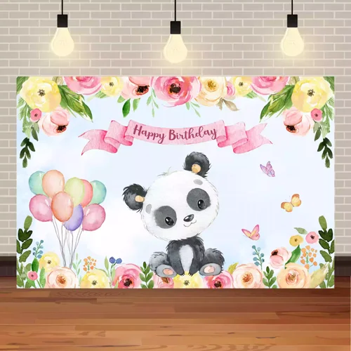 Fondo de decoración para fiesta de cumpleaños con tema de Panda bonito, animales pequeños, fondo de flores, tela, escena de fotografía para niños