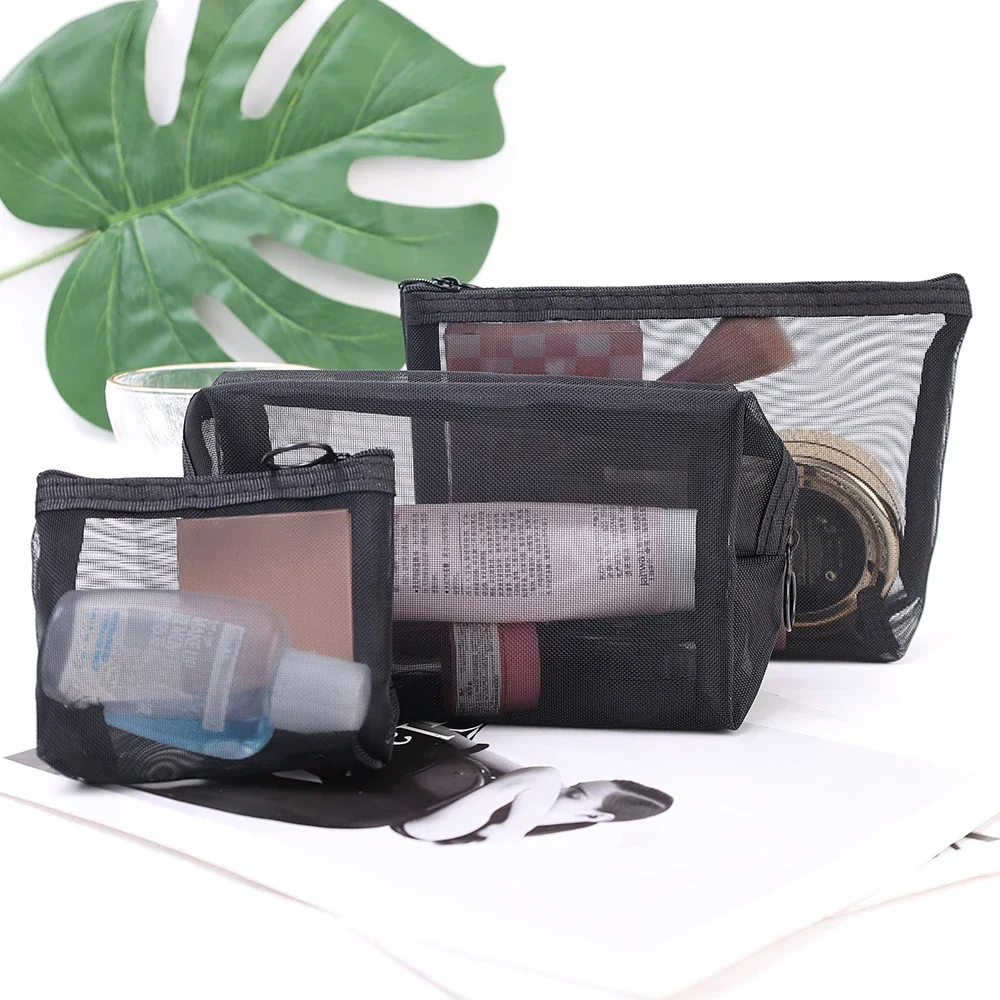 3PCS Zipper Make Up Toiletry Wash Bags Women Travel Black Mesh Cosmetic Bag Transparent Mesh Makeup Case Organizer Storage Pouch