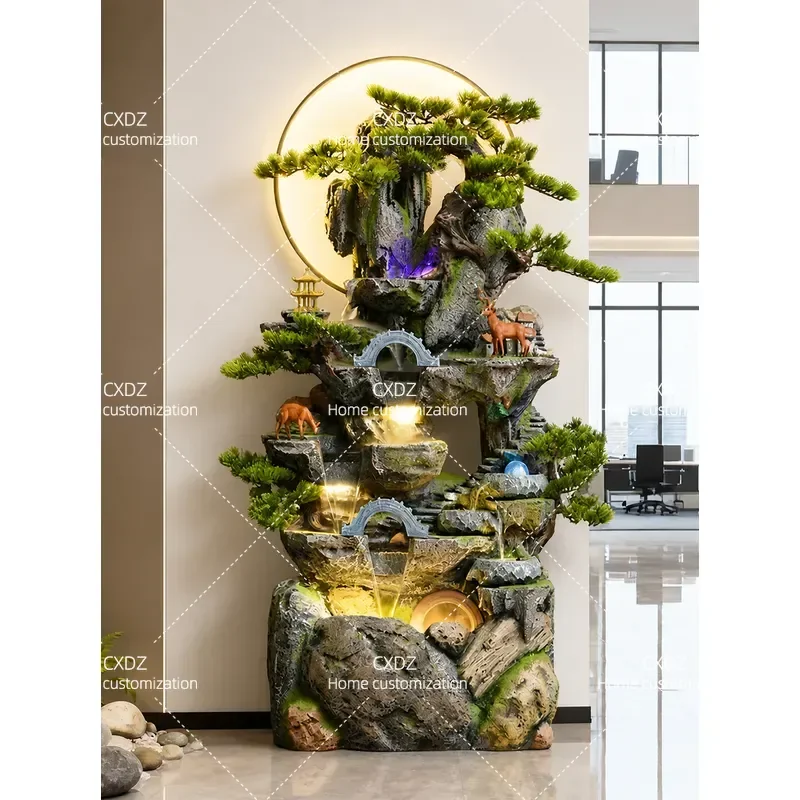 Chinese Zen Rockery Waterfall Fountain Indoor Desktop Circulating Water Feature with Feng Shui Wheel for Living Room Home