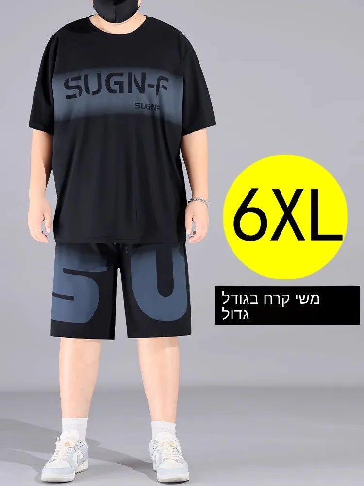 プラスサイズ-アイスシルク-スポーツセット-メンズ-ルーズショーツ-tシャツ-ツーピース-夏-カジュアルウェア-ポリエステル繊維-ビッグサイズ-ウェア
