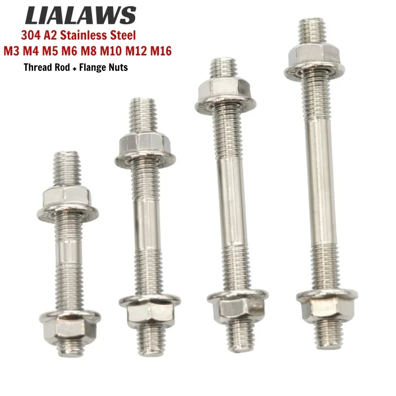 M3 M4 M5 M6 M8 M10 M12 M16 304 Stainless Steel Double End Thread Rod Flange Nuts Set Stud Bolt Tooth Stick Dual Head Thread Bar