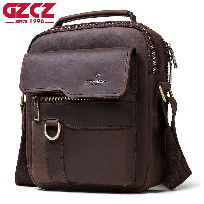 

GZCZ Messenger Bags Crazy Horse Leather For Men New Fashion Business Casual Crossbody Male Shoulder Bag Large Capacity Sling Sac