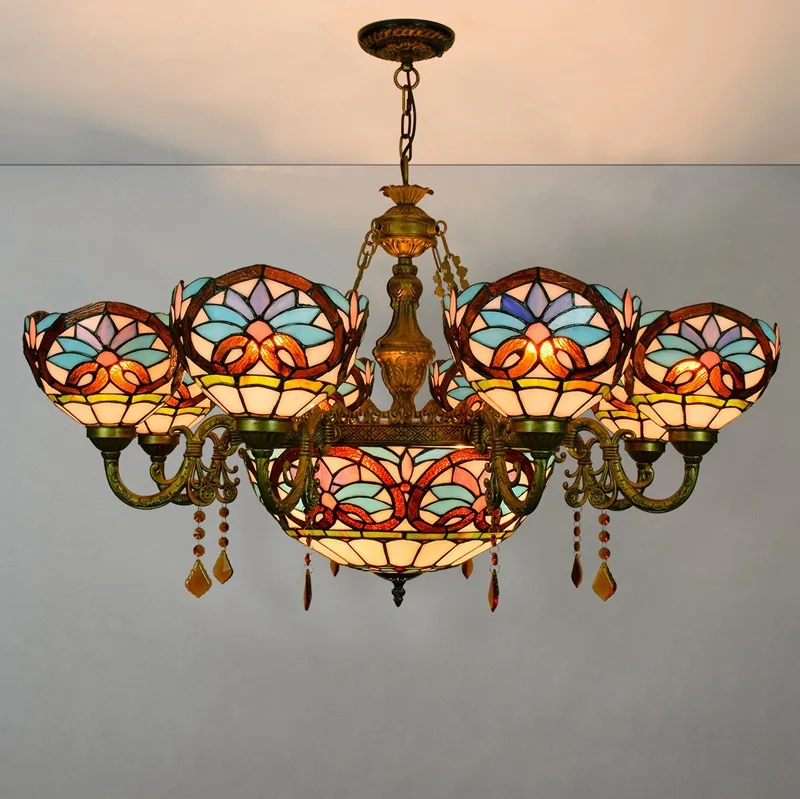 Vintage Art Tiffany Colored Glass Baroque Pendant Lamp Living Room Bedroom Crystal Pendant Lamp