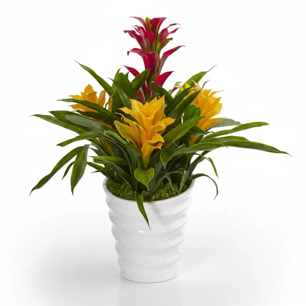 

Artificial Bromeliad Plant in White Vase, Tropical Home Decor for Office & Dining Table Centerpiece