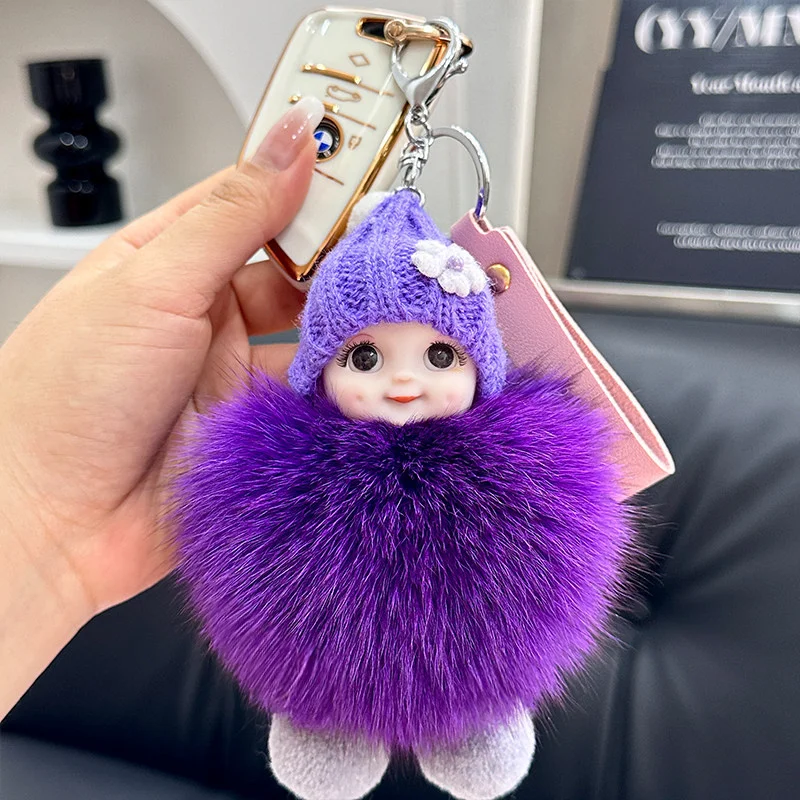 Cute Natural Fox Fur Keychain Fluffy Sleepy Doll Keychain For Women Bag Car Key Chain Kawaii Key Ring Bag Charms Pendant Gift