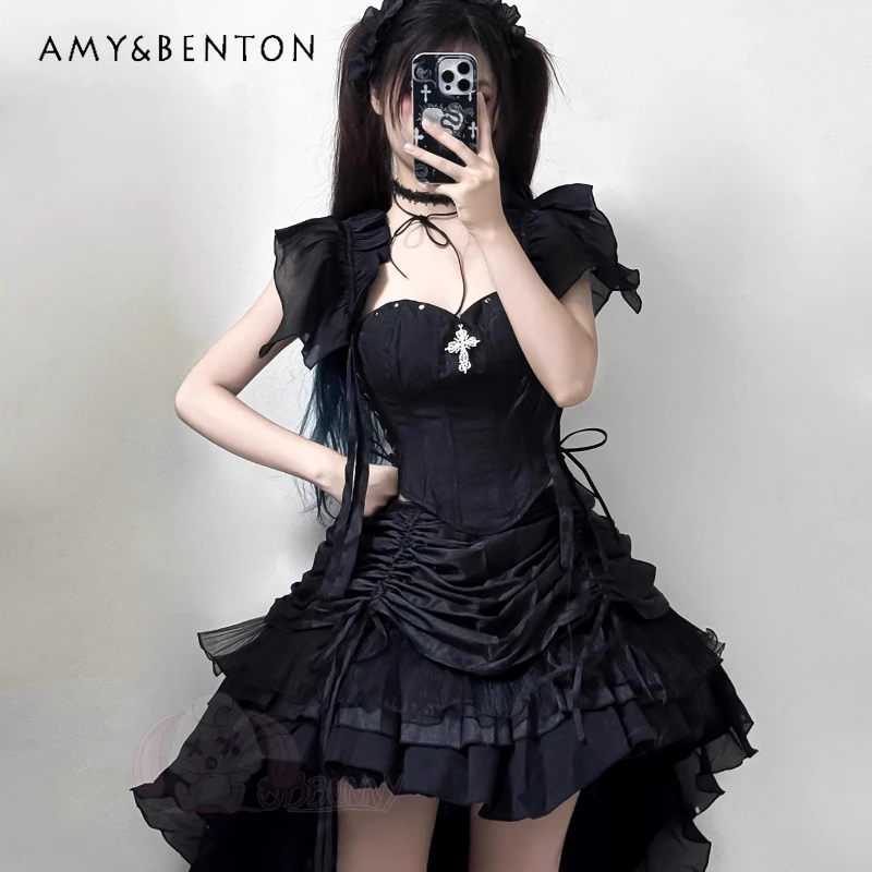 

Original Design Black Gothic Lolita Women's Clothing Halloween Subculture Sweet Cool Lace Sexy Hollow Out Puff Skirt Set Ladies