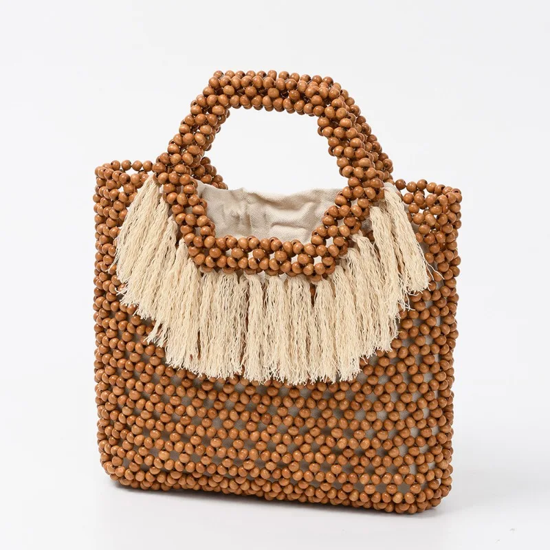 

Ethnic Style Tassel Wooden Bead Tote Bags Women's Boho Seaside Vacation Hollow-out Woven Bag Summer Large Capacity Handbag