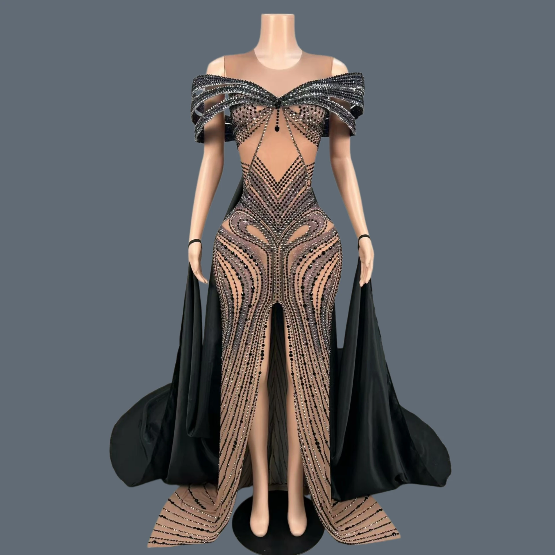 

Sparkly Crystals Off Shoulder Sheer Mesh Evening Gown High Slit Floor Length Formal Party Dress Trailing Satin Overlay Yadianna