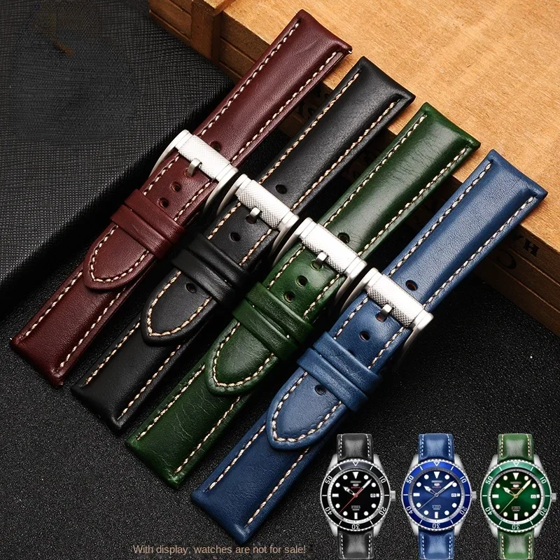 Genuine Leather Watch Strap for Seiko No. 5 Rolex Water Ghost Series Srpb93j1 Watch Band Men Women Casual Watchband Green 22mm