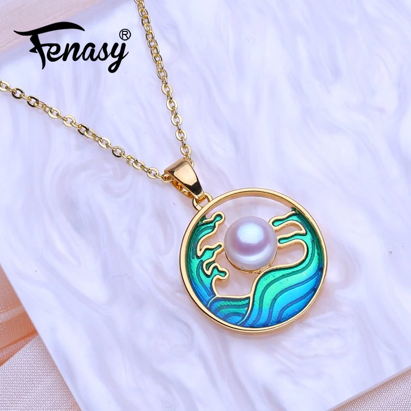 

Ожерелья FENASY из натурального пресноводного жемчуга для женщин, серебряные, золотистого цвета, круглые подвески с цепочкой, праздничные украшения, подарок на день рождения