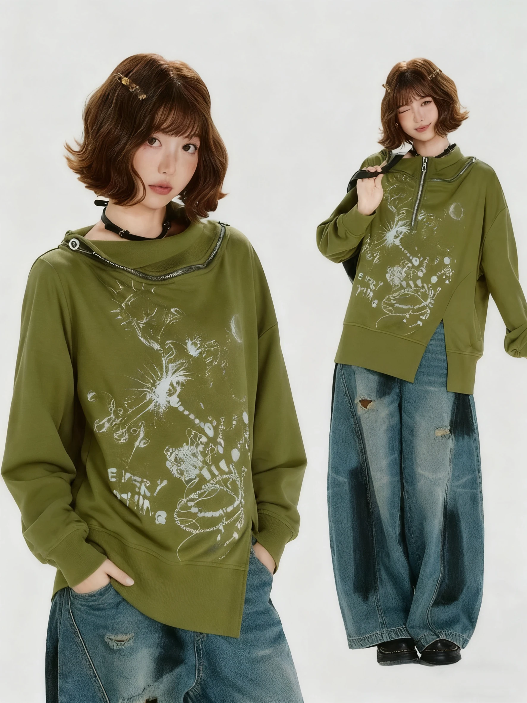 

2025 Women's Art Print Asymmetrical Zip Sweatshirt - Edgy Streetwear Loose Pullover for Spring Autumn