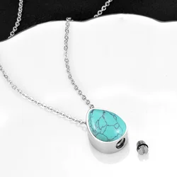 Cremation Turquoise Stone Necklace for Ashes Stainless Steel Water Drop Urn Pendant Memorial Ash Holder Keepsake