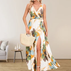 Amazon European and American Women's 2024 Summer New Double V-neck Sleeveless Split Printed Long Strap Dress for Women