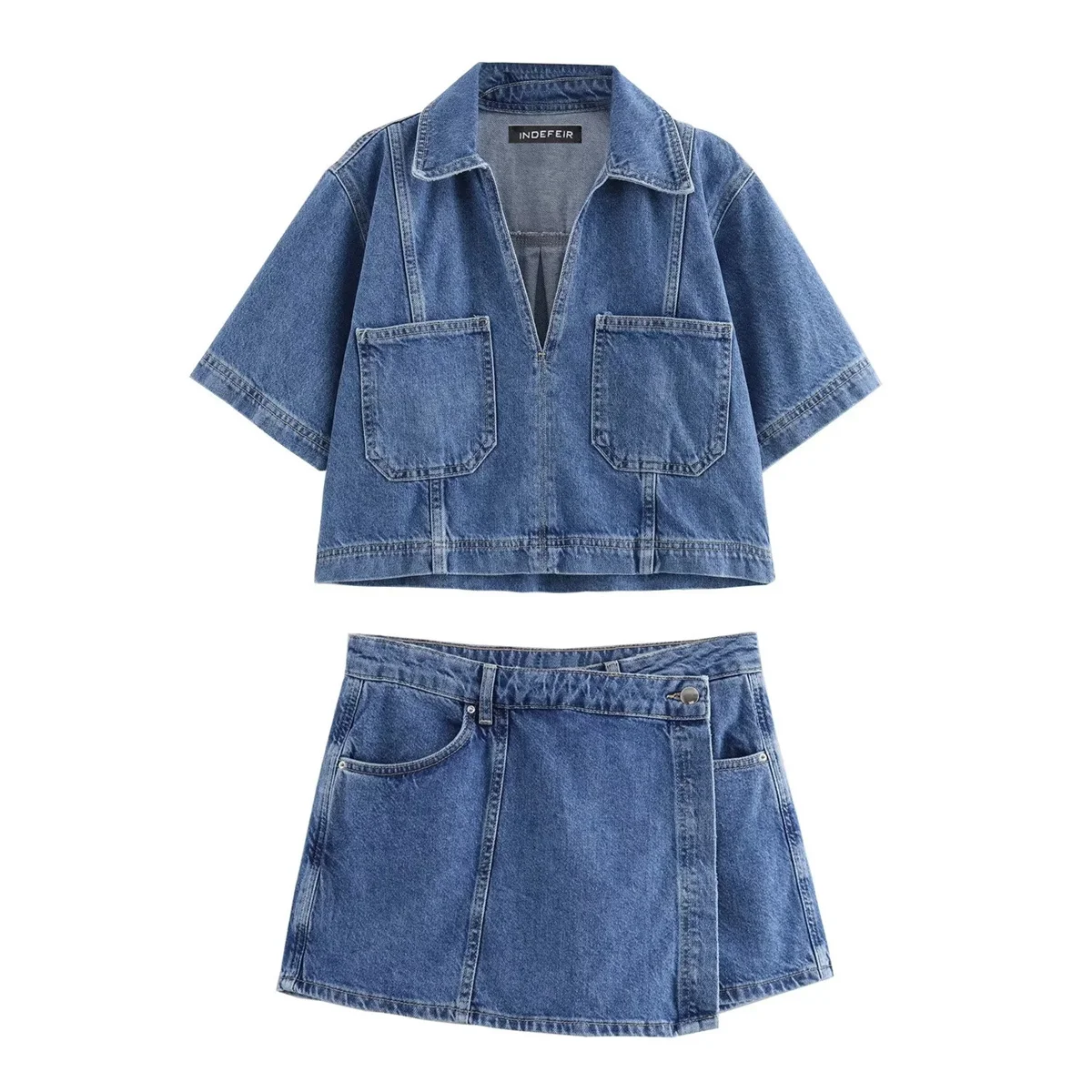 2024 Women\'s Fashion Flip Pocket Decoration Short Flip Collar Slim fit denim Top + Asymmetric Denim Skirt High Waist 2 Piece Set