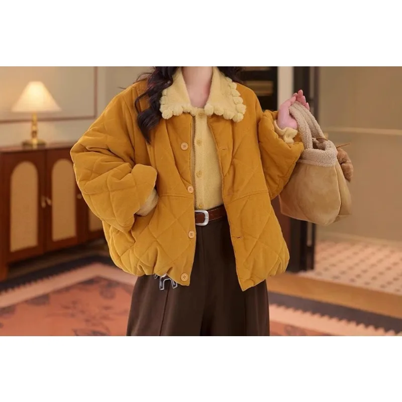 2026 Winter Design Sense Crew Neck Cotton Clothing Women's Korean Solid Color Loose Warm Cotton Jacket