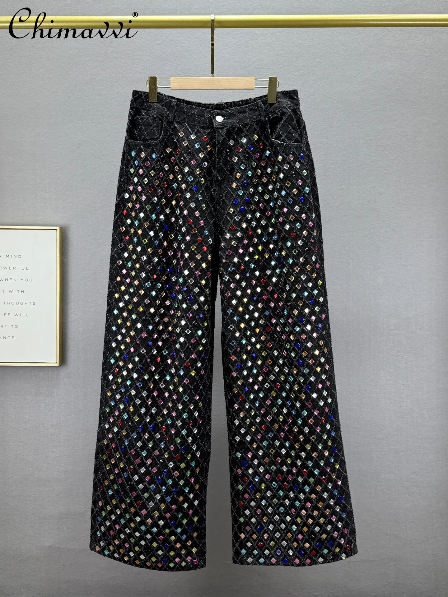 

Heavy Embellished Rhinestone Jeans Women Extended Length Spring New Fashion High Waist Loose European Jacquard Wide Leg Pants