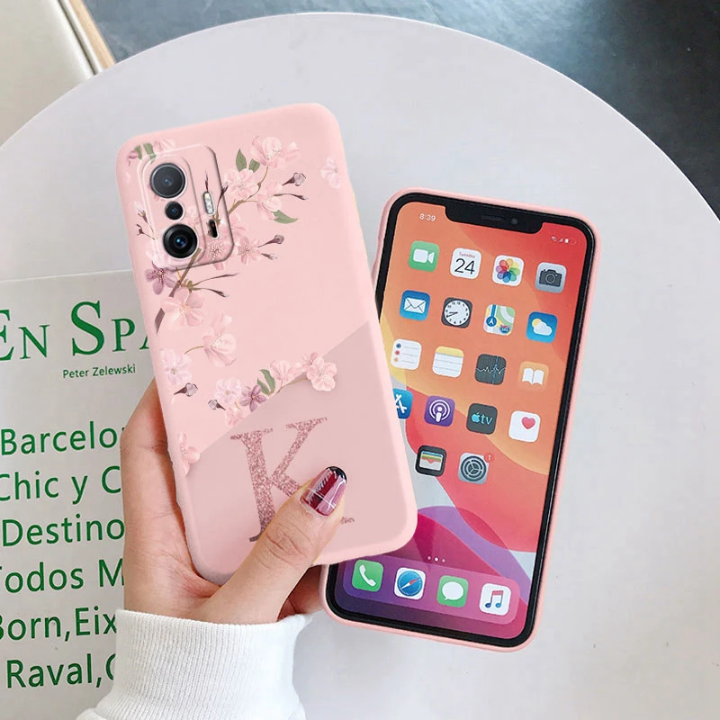Cute Initial Letter Case For Xiaom Mi 11T Pro Back Cover Simple Style Flower Soft Silicone Fundas For Xiaomi 11T 11TPro Bags