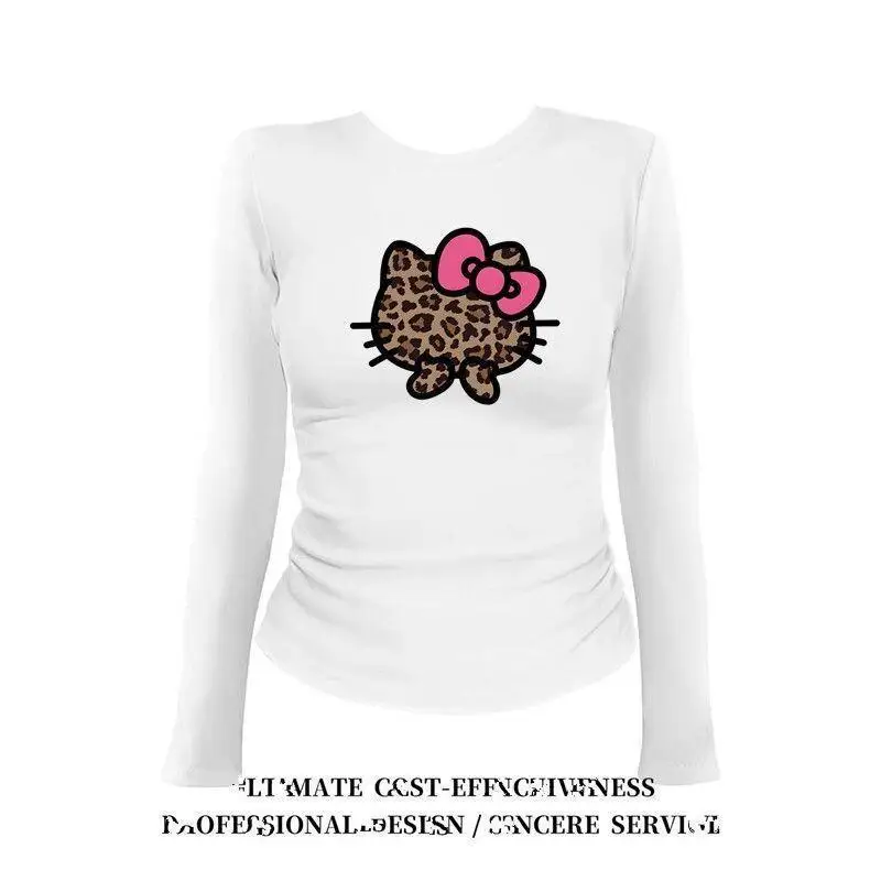 

Sanrio Hello Kitty T Shirt Cotton women's Autumn Winter Leopard Print White Long Sleeve Slim Slimming American Style Designer