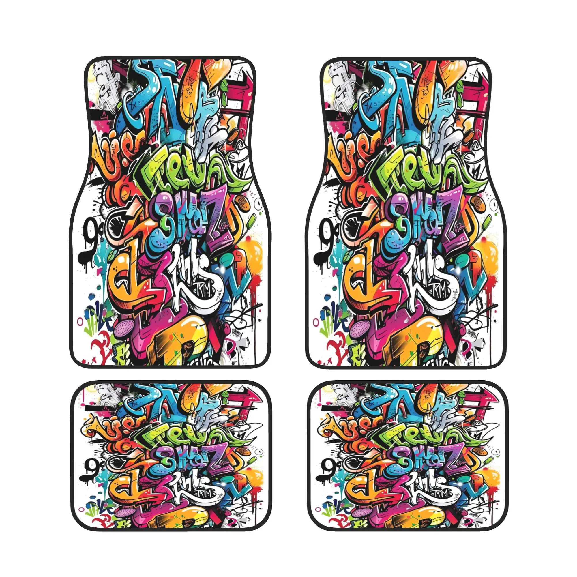 

Комплект из 4 автомобильных ковриков с граффити в стиле городского уличного искусства, оригинальный модный дизайн, подходят для автомобилей, коврики для салона автомобиля, игривый дизайн