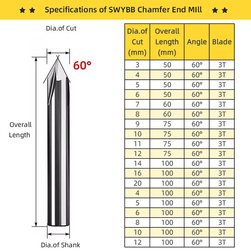 SWYBB 2 Flutes 3 Flutes 60 90 120 Degree Chamfer Milling Cutter Carbide Chamfering Mill Deburring V Grove Router
