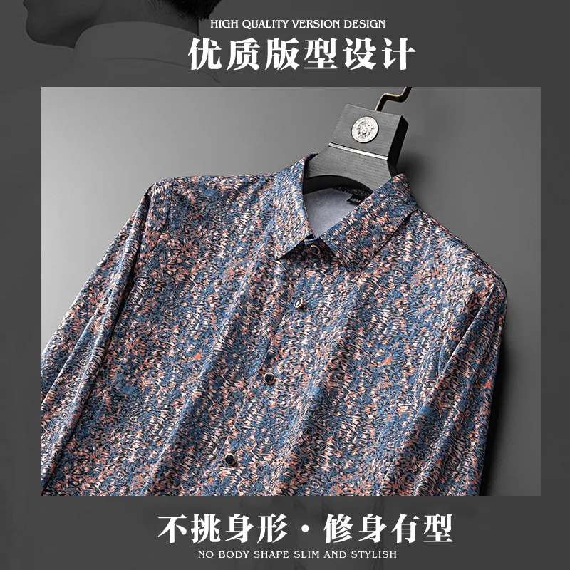 Camisa de manga longa sem costura masculina sem ferro, nova impressão digital versátil, camisa dos homens magros, China-Chic Camisa Flor, primavera