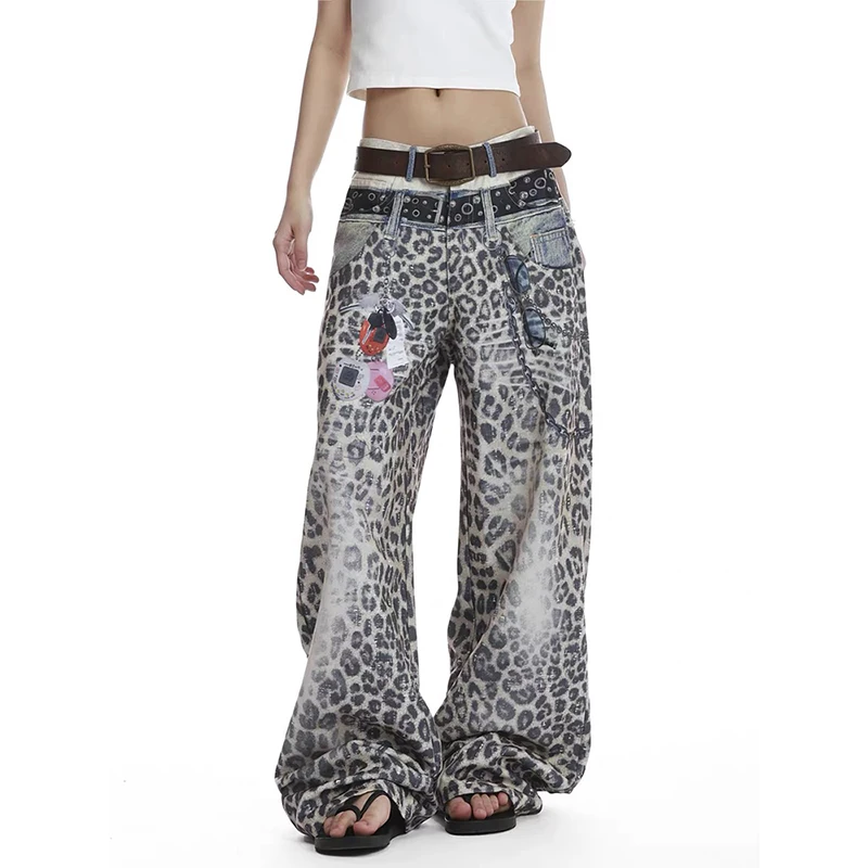 ZHIZOU 女性ゆったり Y2k ヒョウ柄ジーンズ日本 90 年代ヒップホップオーバーサイズグラフィティ 3D ジーンズパンツヴィンテージ原宿デニムパンツ秋