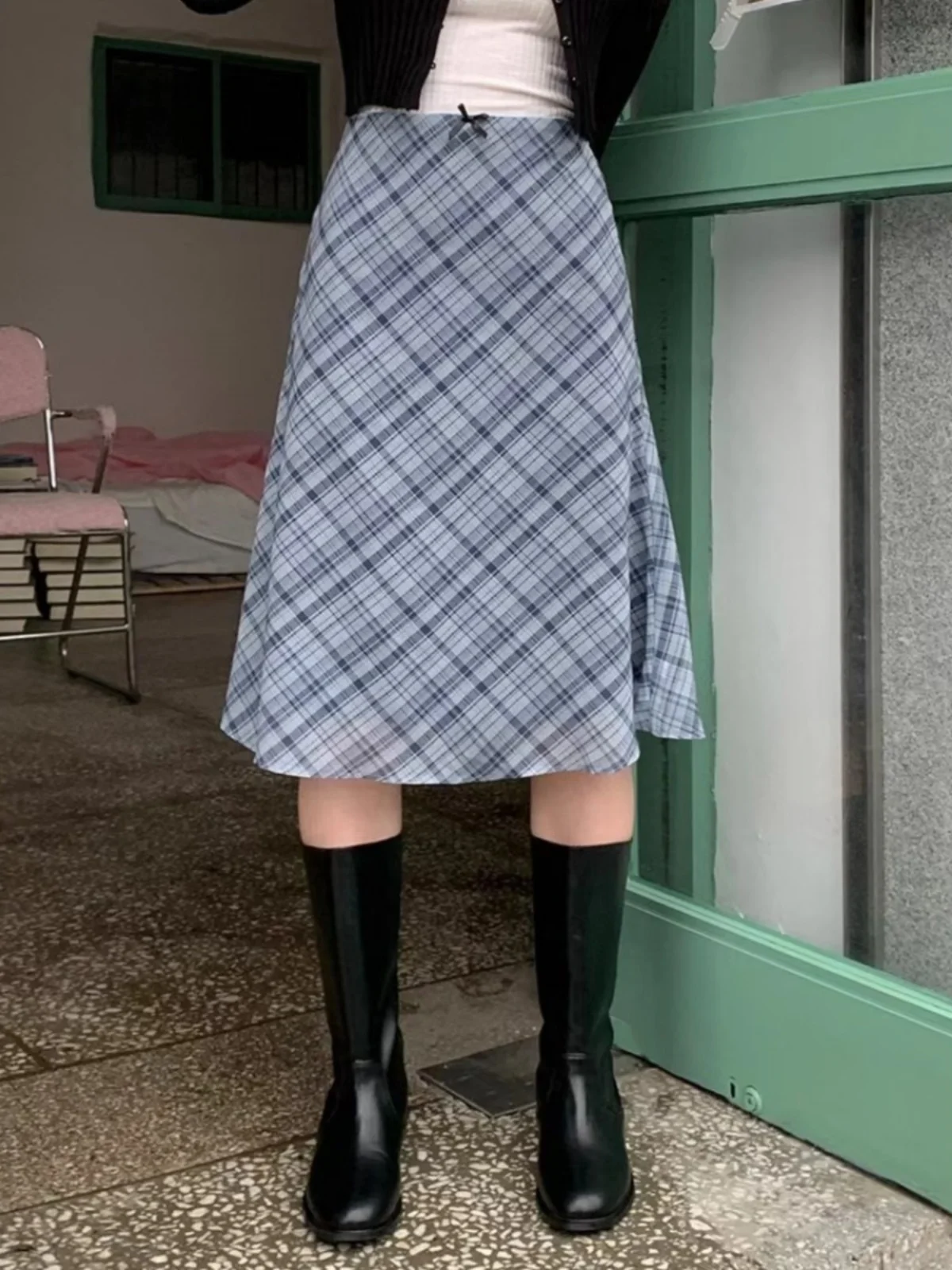 

Модная клетчатая юбка с высокой талией в корейском стиле, А-силуэт, миди, для молодых женщин 8-24 лет, осенний сезон