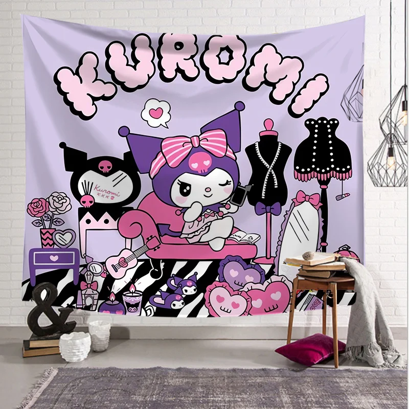 Sanrio Kuromi New Tapestry Cute Cartoon Pattern Backdrop Background Cloth Anime Backdrop Poster Room Wall Decoration Kids Gift