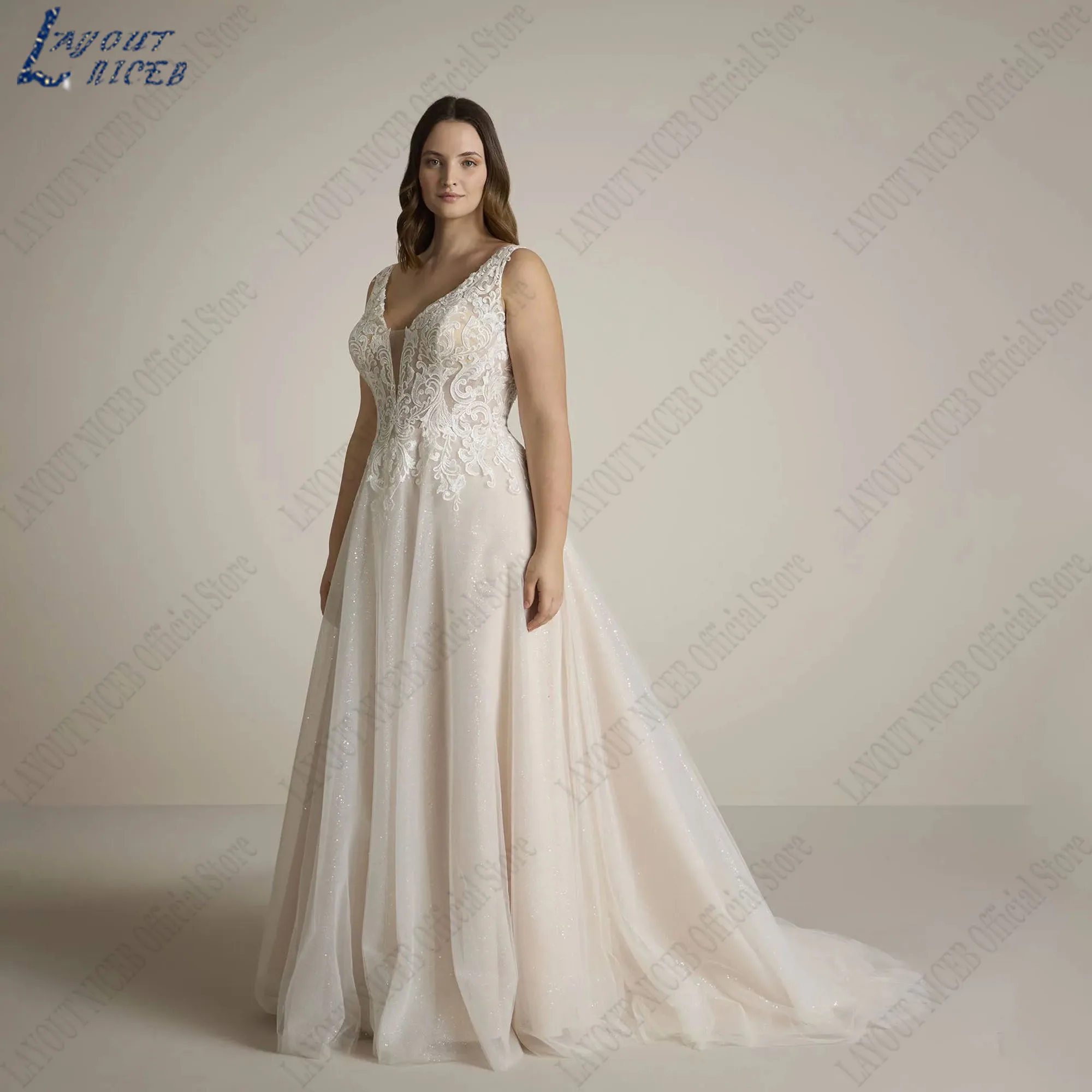 

LAYOUT NICEB Plus Size Wedding Dresses A-Line Sleeveless Sparkly Tulle Bride Gowns V-Neck Backless Applique vestidos de fiesta